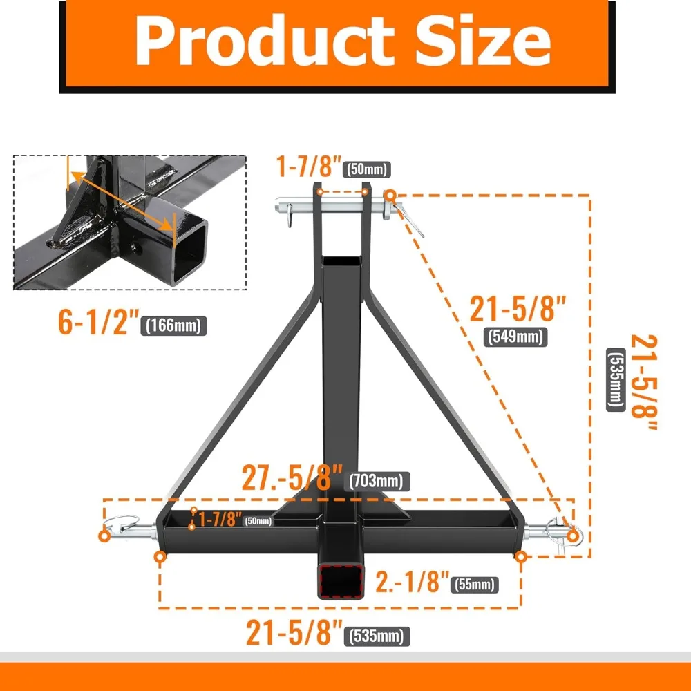 Adaptador de engate de reboque de 3 pontos para serviço pesado para tratores, categoria 1, compatível com receptores padrão de 2"