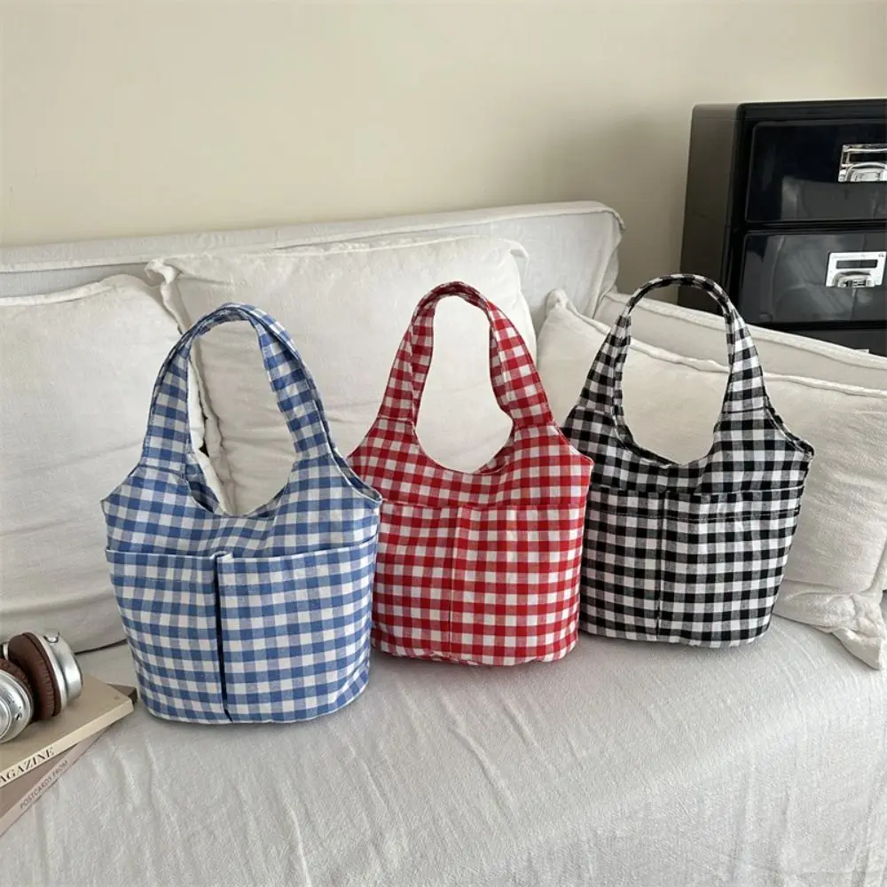 

Lightweight Korean Style Red Plaid Tote Bag Fashion Large Capacity Canvas Vest Bag Cute Portable Shoulder Bag Women
