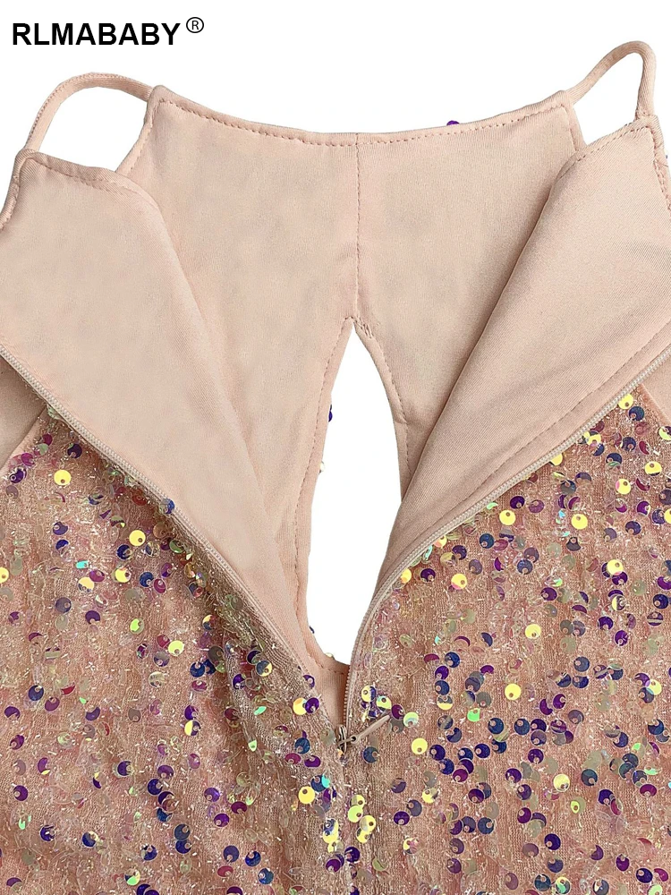 RLMABABY Summer Elegant Women Sequin High Split Maxi Bodycon Dress Sexy Sleeveless Backless Cut Out Party Pink Long Dress