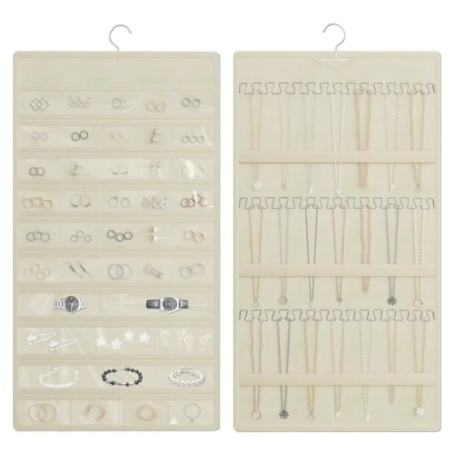 

Hanging Jewelry Organizer Storage Roll, Double-Sided Necklaces Holder, 42 Pockets Plus 36 hooks Earrings Organizer Hang in Clos