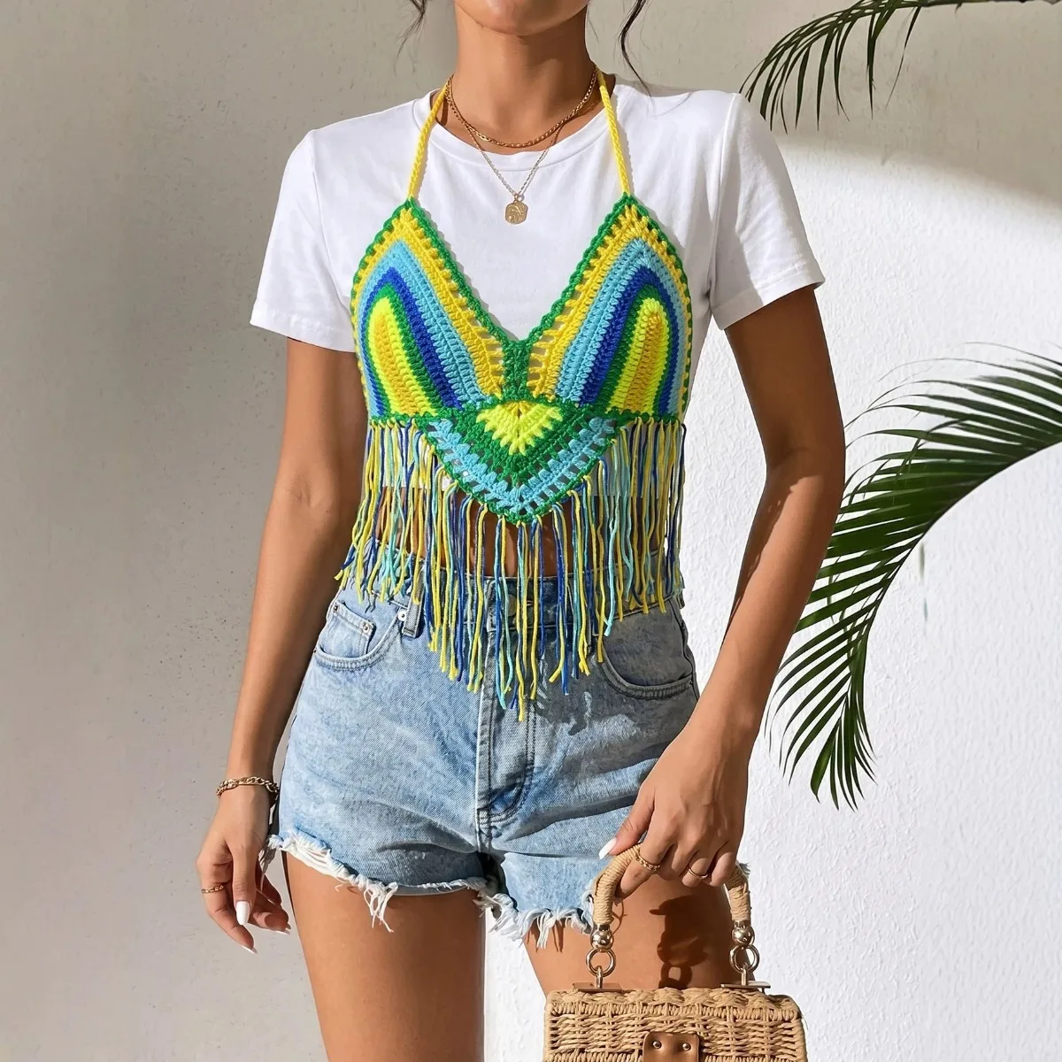 Women Boho Color Block Crochet Halter Top Long Fringe Hollow Out Beach Bikini Cover Up Vest