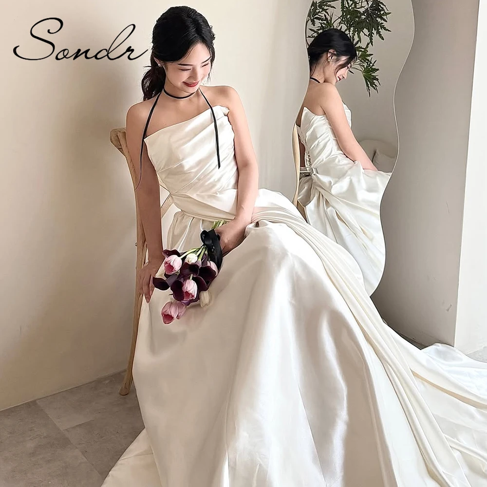 

Sondr Satin Korean Wedding Dresses Strapless Elegant Bridal Wedding Party Gown Customized Outdoor Wedding Snap Dress