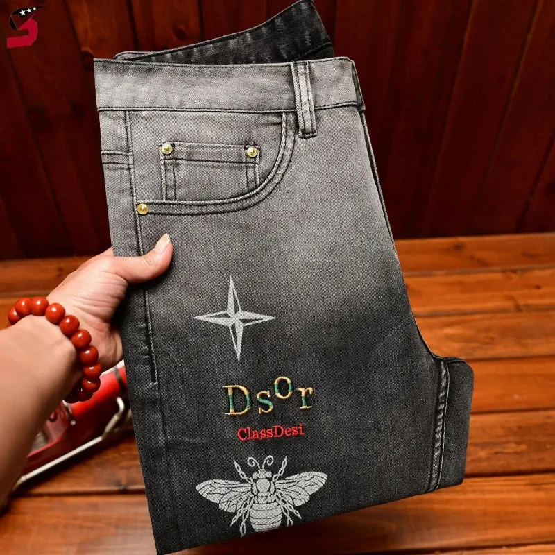 

Men's Slim Fit Jeans in Black and Gray with Bee Embroidery Print, Stretch Denim Casual Streetwear for Daily & Events, Hip Hop St