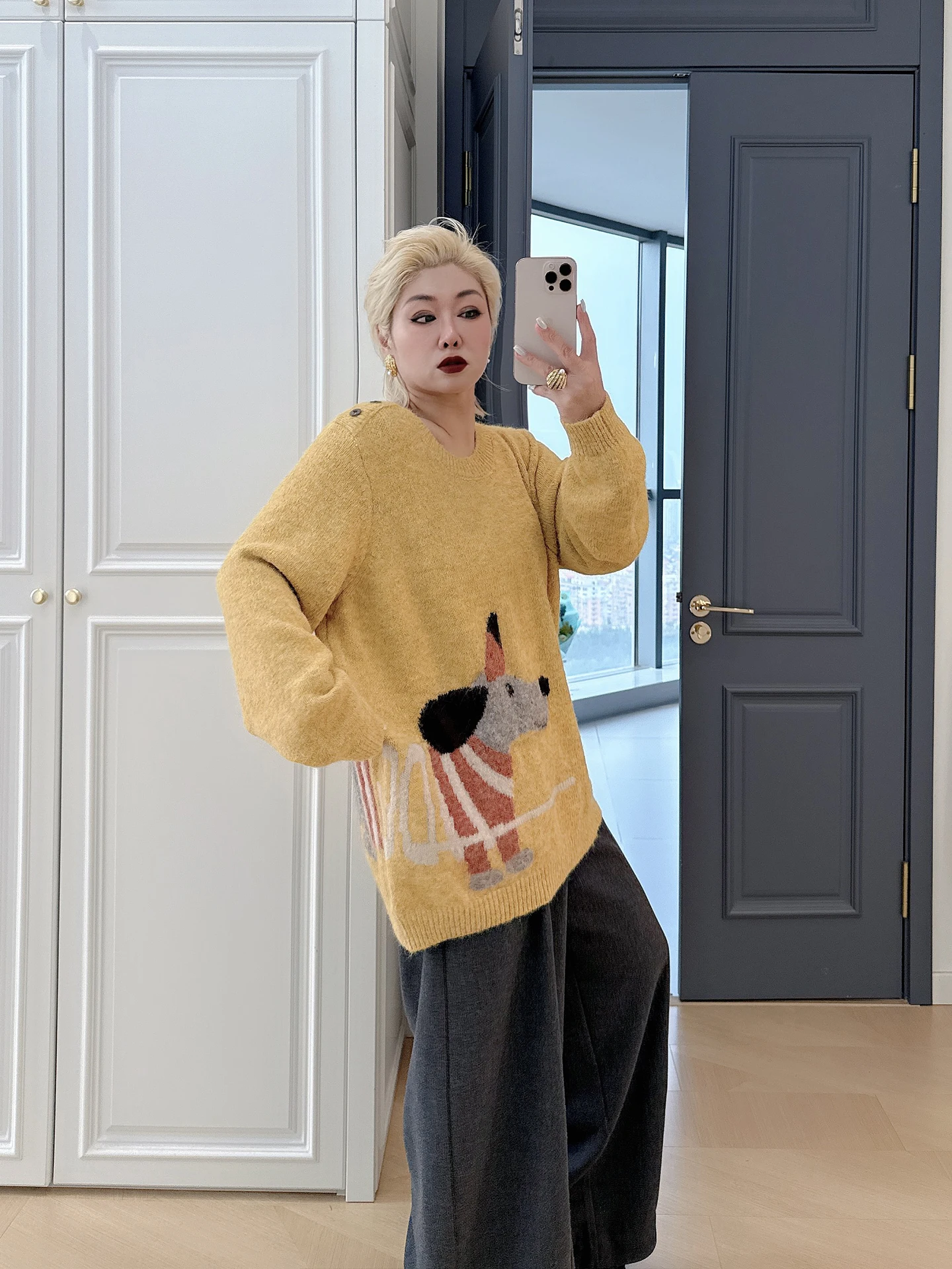 

Вязаный свитер в американском стиле ретро, женский модный круглый свитер большого размера, осенне-зимний дышащий длинный топ свека для больших размеров