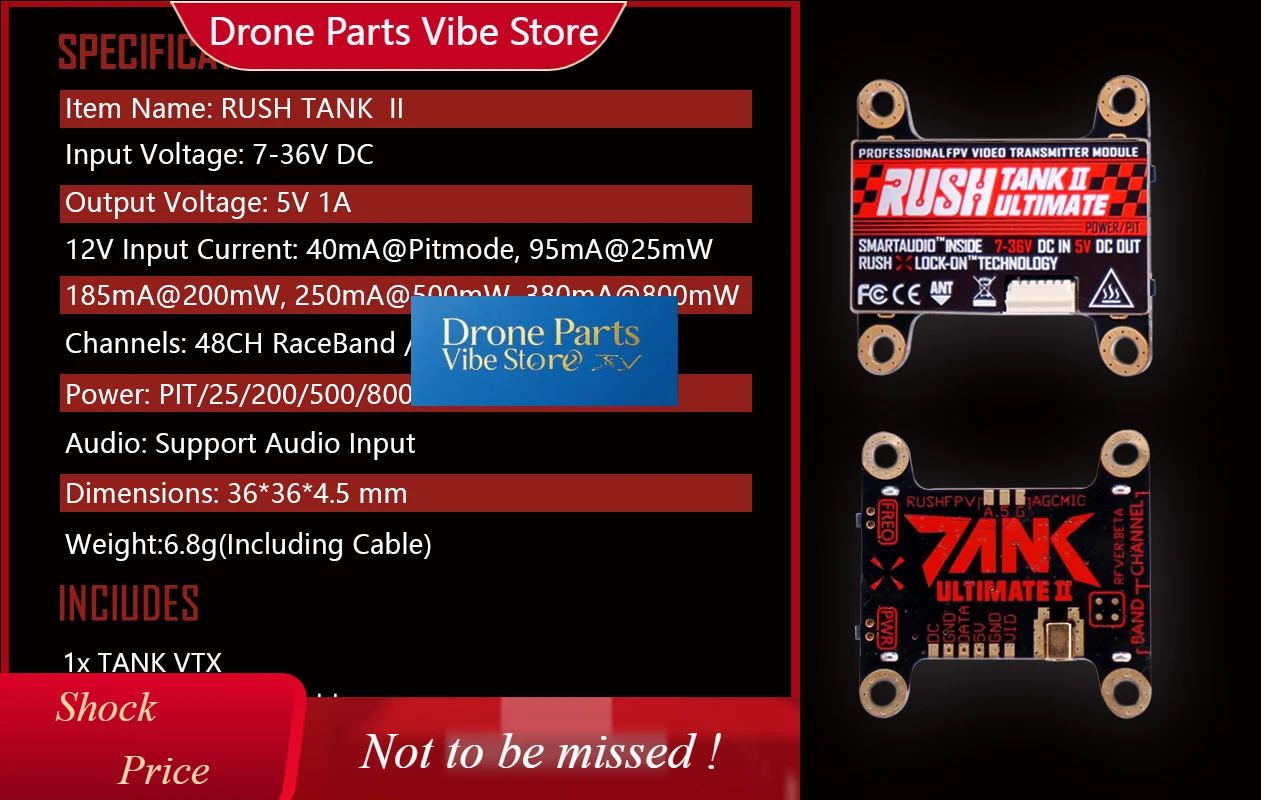 

DParts1RUSH TANK II V2 Ultimate 5.8GHz 30×30 Stackable Raceband PIT/25-800mW Switchable 2-8S VTX FPV Racing Freestyle Nazgul5 Ty