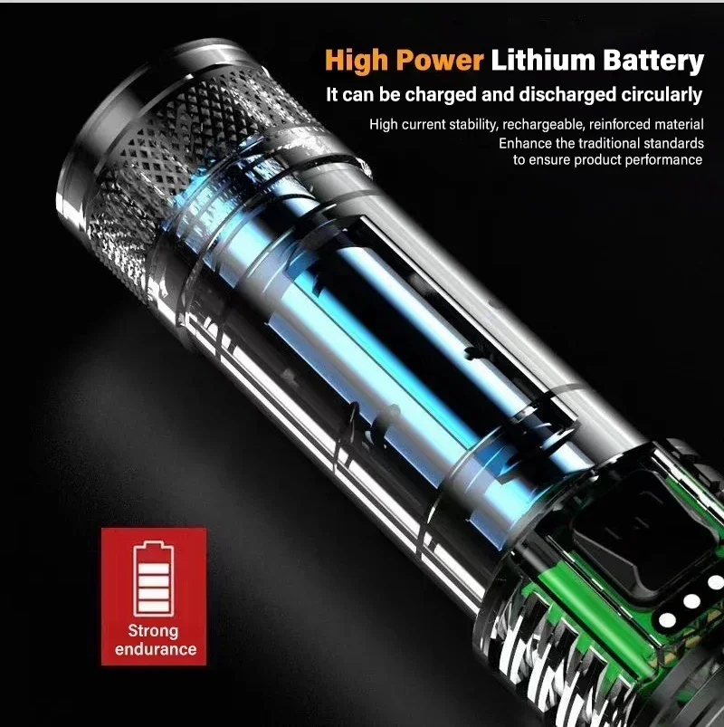 5000LM Ultra Bright Tactical Light Built-in Battery Powerful P70 LED Flashlights Emergency Spotlight Telescopic Zoom Flash Light