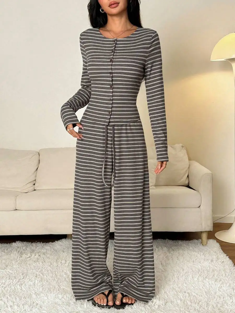 

Casual Button Through Ribbed Stripe Co Ord Set Wide Leg Pants Lounge Wear
