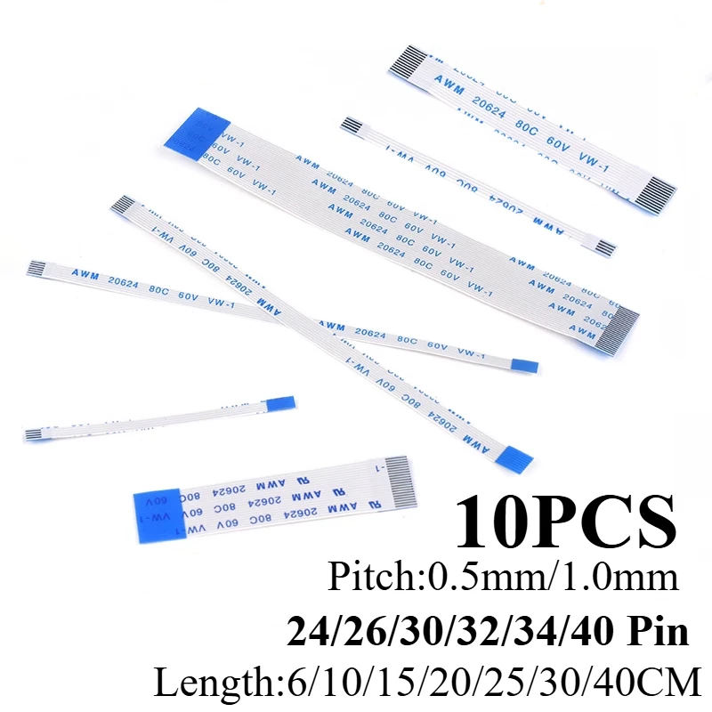 10pcs Fpc/ffc Awm 20624 80c Ribbon Flexible Flat Cable 24 26 30 32 34 40 Pin Pitch 0.5/1.0mm Wire Length 6/10/15/20/25/30/40cm