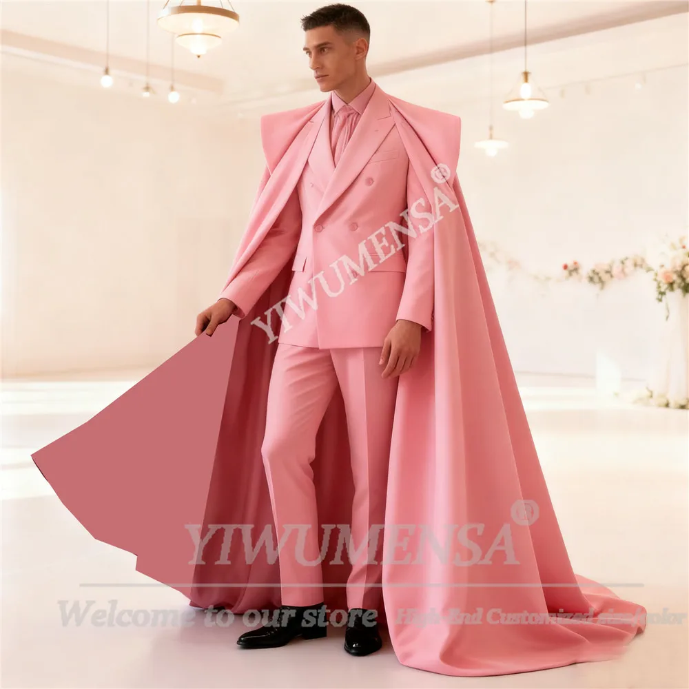 

Розовый однотонный костюм для мужчин на свадьбу, двубортный пиджак для жениха с накидкой, длинный индивидуальный комплект из трех предметов, смокинги для жениха, наряды