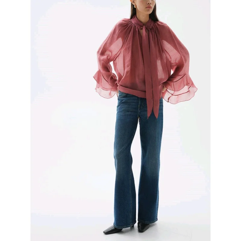 New Summer Women's Casual Long Sve Stand Collar Pleated irt Korean Sle Anti-Wrinkle Polyester Fiber Thin Model