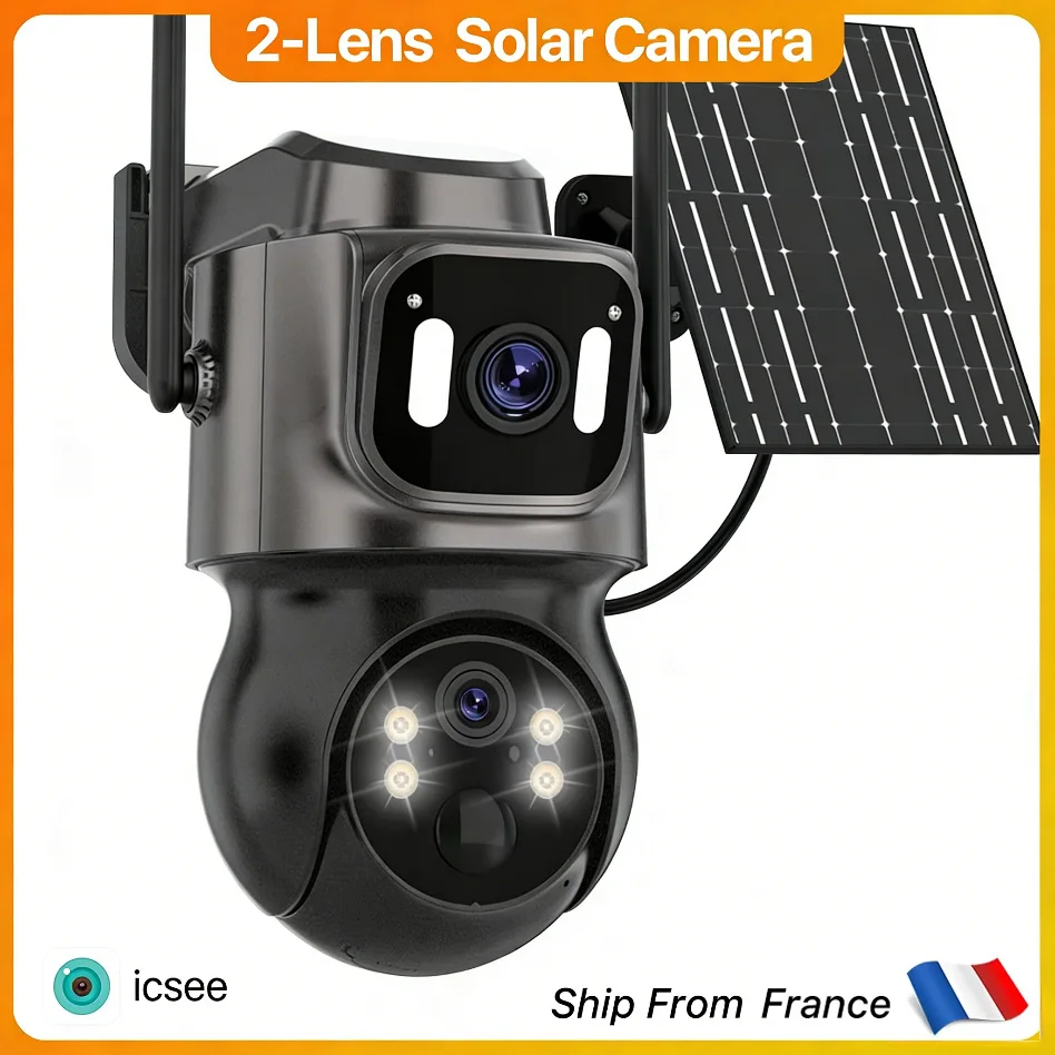 WONSDAR 2 écrans 2 lentilles solaire WiFi caméra IP extérieure batterie intégrée panneau solaire sécurité caméra sans fil AI humain détecter iCSee