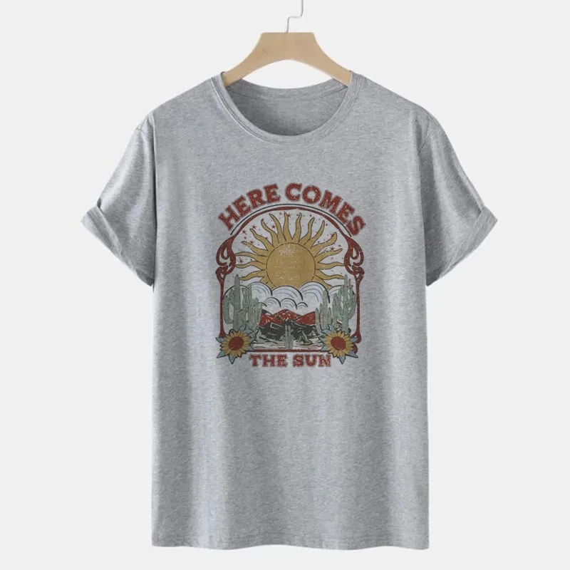 Here Comes the Sun Graphic Tops Summer Fashion Women T Shirt Cotton Retro Hippie Tees Boho Vintage Aesthetic Clothes Grunge