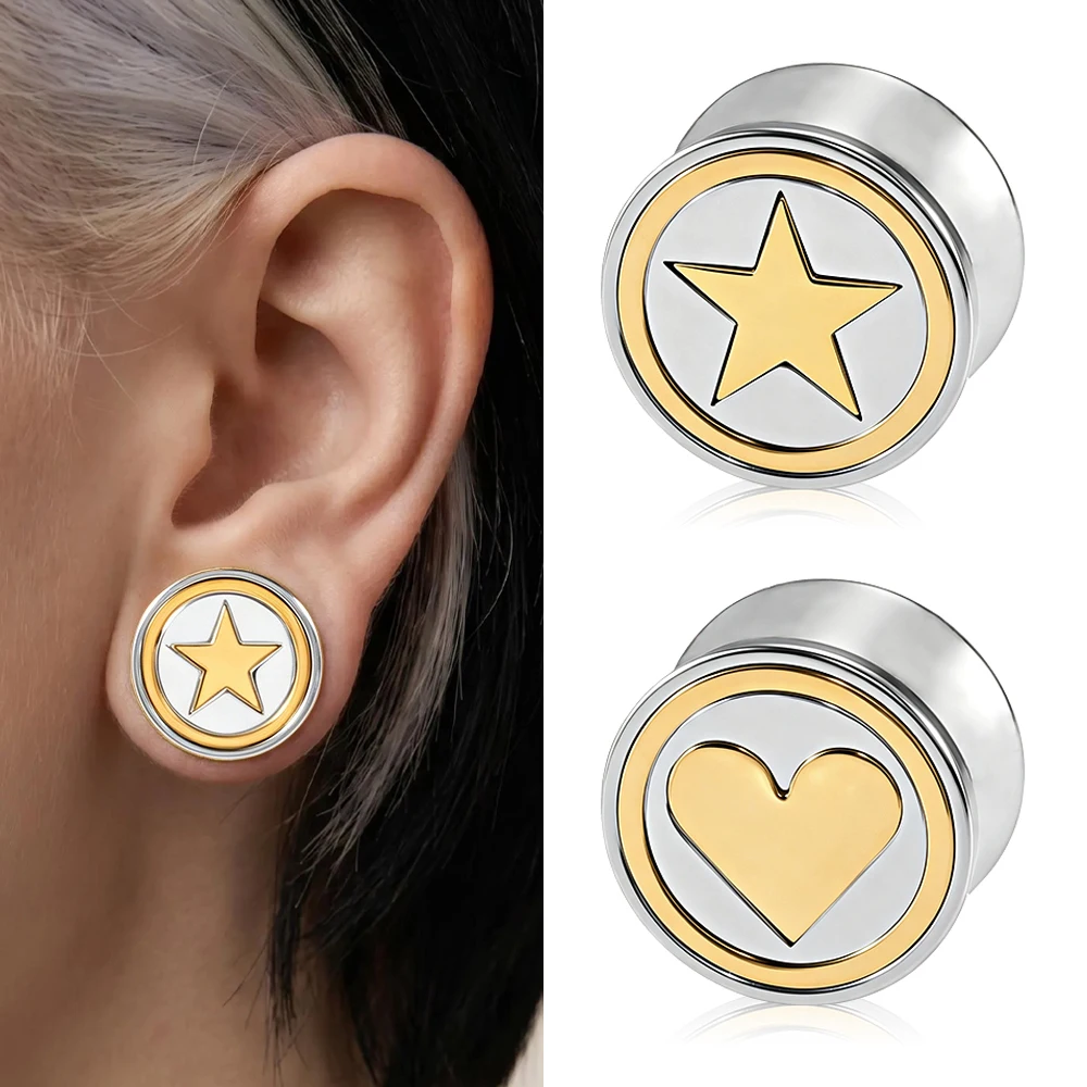316L Stainless Steel Double Flared Ear Plug Tunnel Gold Star Heart Pattern Ear Gauge Expander Stretcher Earlobe Piercing Jewelry