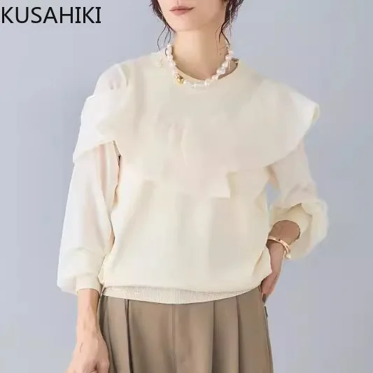 KUSAHIKI 2024 New Style Women's Ruffle Edge Spliced Women's Knitted Sweater Fashion Elegant Pullover Knitwear Tops Sueter Mujer