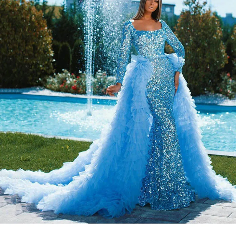 

2024 Gorgeous Mermaid Prom Dress Sweetheart Long sleeves Sparkly Sequins With Detachable Train Evening Dress Robe De Soirée