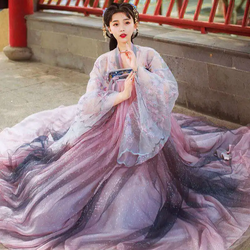 Traditional Chinese Hanfu for Women Tang Dynasty Flower Embroidery Purple Chest and Waist Length Skirts Fairy Outfits 3PCS Sets