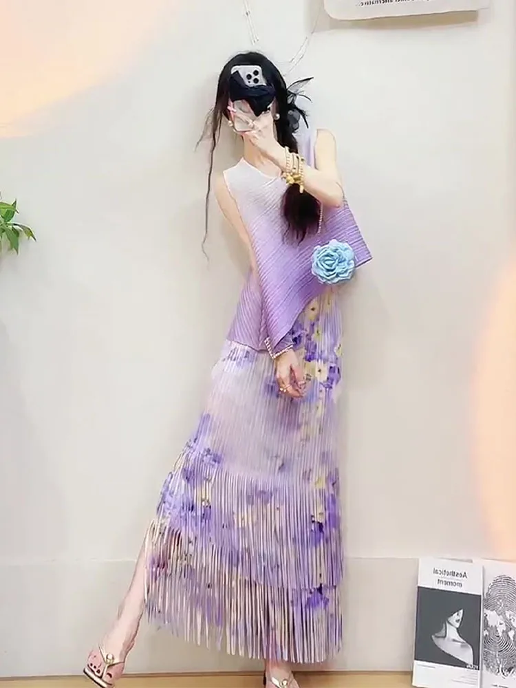 Summer 2026 Trendy Purple Tea Break Gradient Top Floral Tassel Skirt Pleated Set Women's Fashion Ensemble Polyester round Neck