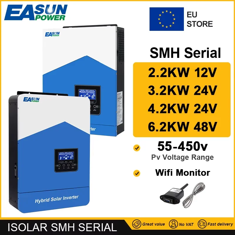 Easun Power 2200w 3200w 4200w 6200w 12v 24v 48v MPPT Hybrid Off Grid Pure Sine Wave 80a 110a 230v 50/60hz Solar Inverter Charger