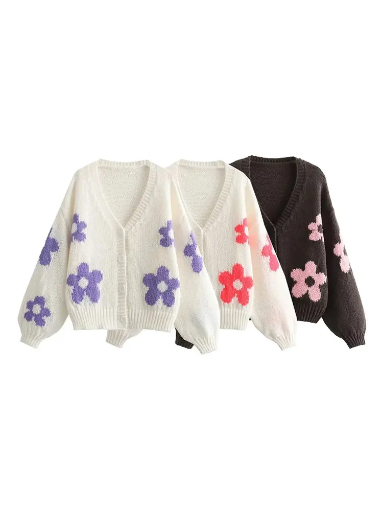 TRAF 2023 Winter Flower Jacquard Cardigan Women Long Sleeve Knitted Sweater Woman Button Short Autumn Sweaters