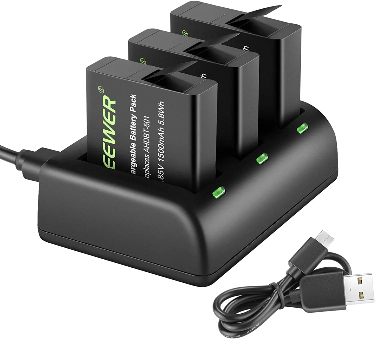 Зарядное устройство Neewer для аккумуляторов, совместимое с GoPro Hero 5 Black/Hero(2018)/Hero 6/Hero 7 Black(3 шт./упаковка, 1500 мАч