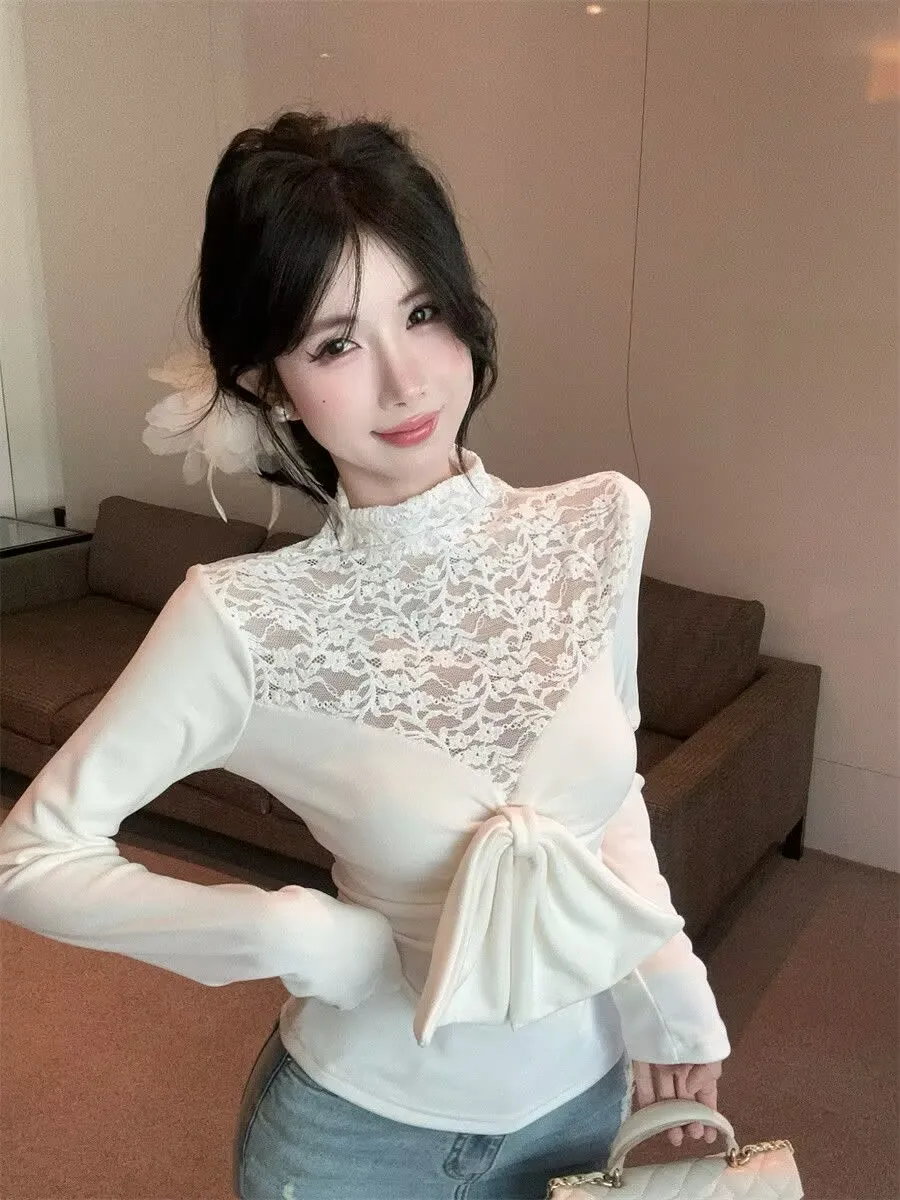 

New Women Large Bow Lace Patchwork T-shirt 2025 Spring Autumn Long Sleeve Shirt Blouse Female Korean Style Sweet Base Shirt