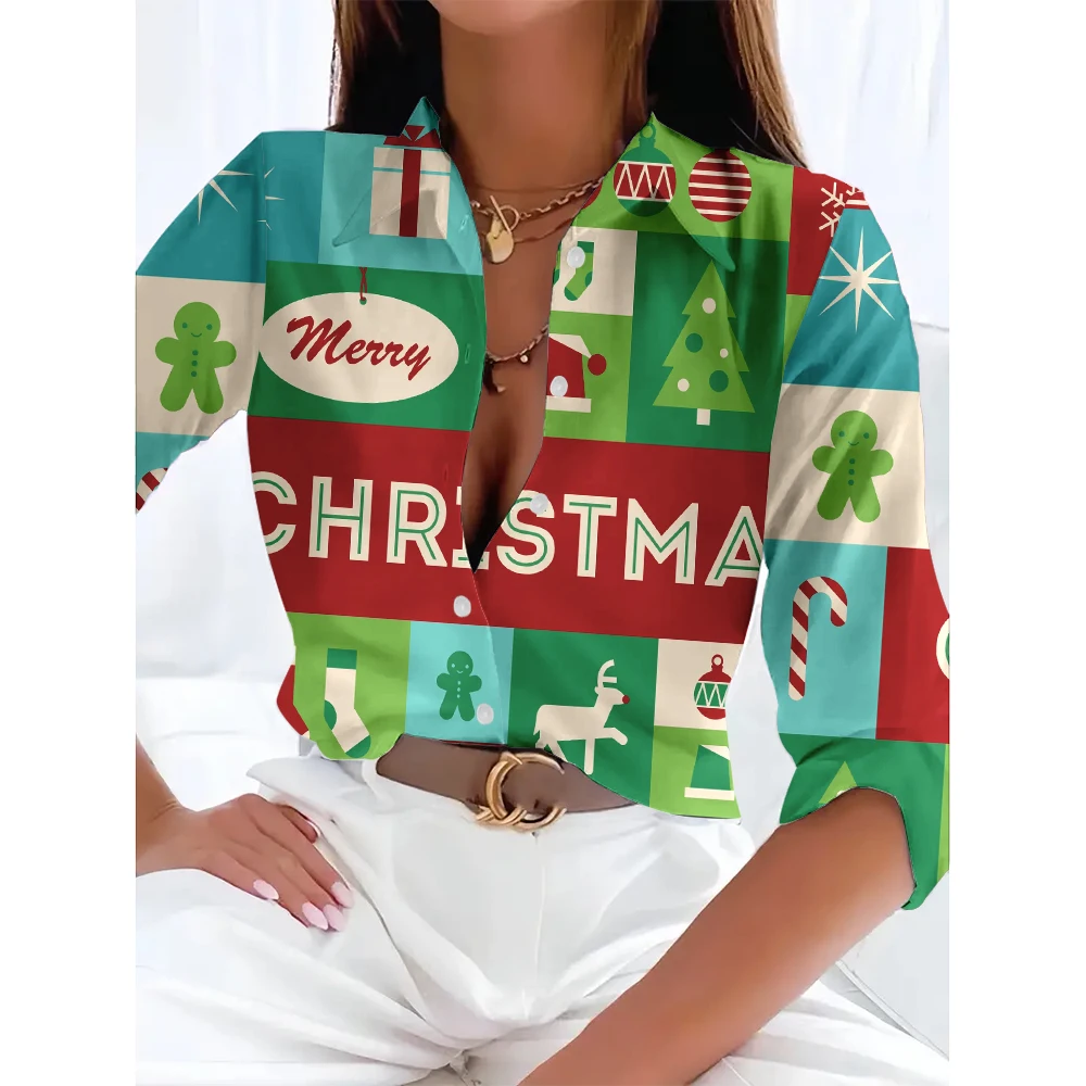 2024 Santa Claus 3d Printed Long Sleeve Shirt & Blouse Fashion Button Basic Tops Elegant Lapel Shirts Autumn & Winter Christmas