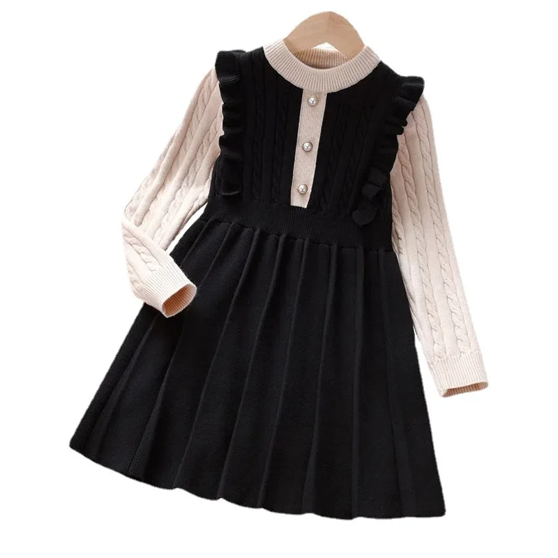 2026 Autumn Winter Teenagers Girls Kids Knit Sweater Dresses Princess Clothes New Year pearl splicing 4 5 6 7 8 9 10 11 14 Year