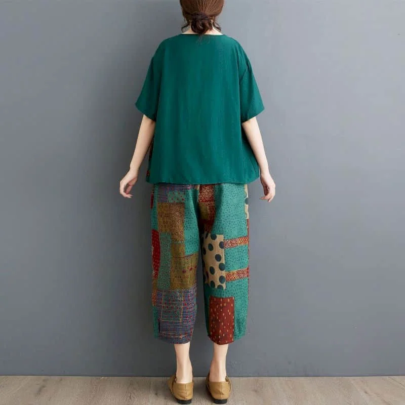 Set di pantaloni artistici Top patchwork vintage a maniche corte e pantaloni casual Set di due pezzi oversize in stile coreano Completi da donna