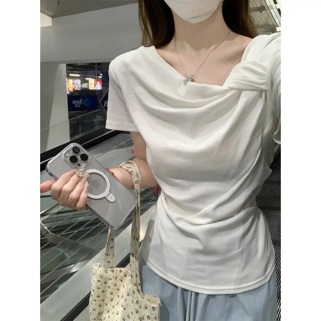 

Women's Oblique Collar Kink Short-Sleeved T-Shirt Summer Chic Card Waist Pleated Pure Desire Style Inner Base Top