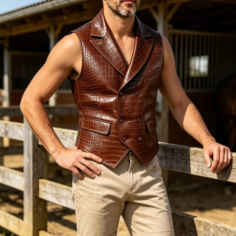 Crocodile Pattern Men Vest PU Leather Western Cowboy Slim Fit Double Breasted Vintage Leeveless Waistcoat Motorcycle Streetwear