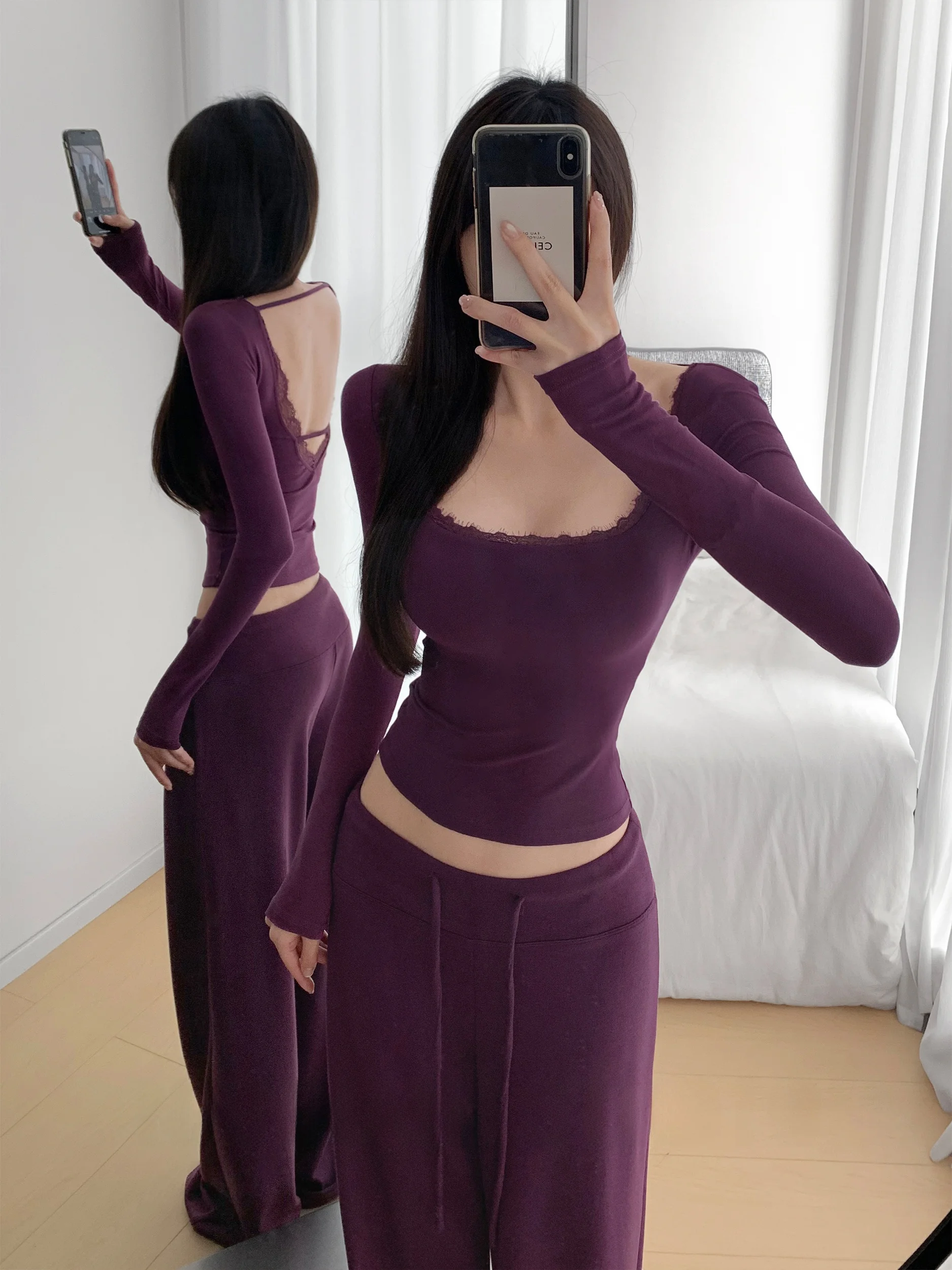

Женская хлопковая базовая блузка Pure Desire в корейском стиле с длинным рукавом, кружевной отделкой, открытой спиной, пэчворком и квадратным вырезом, сексуальный стиль