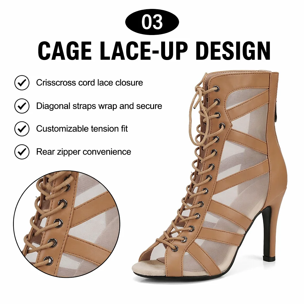 2026 Woman Beige Latin Dance Booties Women Open Toe Lace Up Stiletto Bootie for Girls Suede Sole High Heel Dance Boots