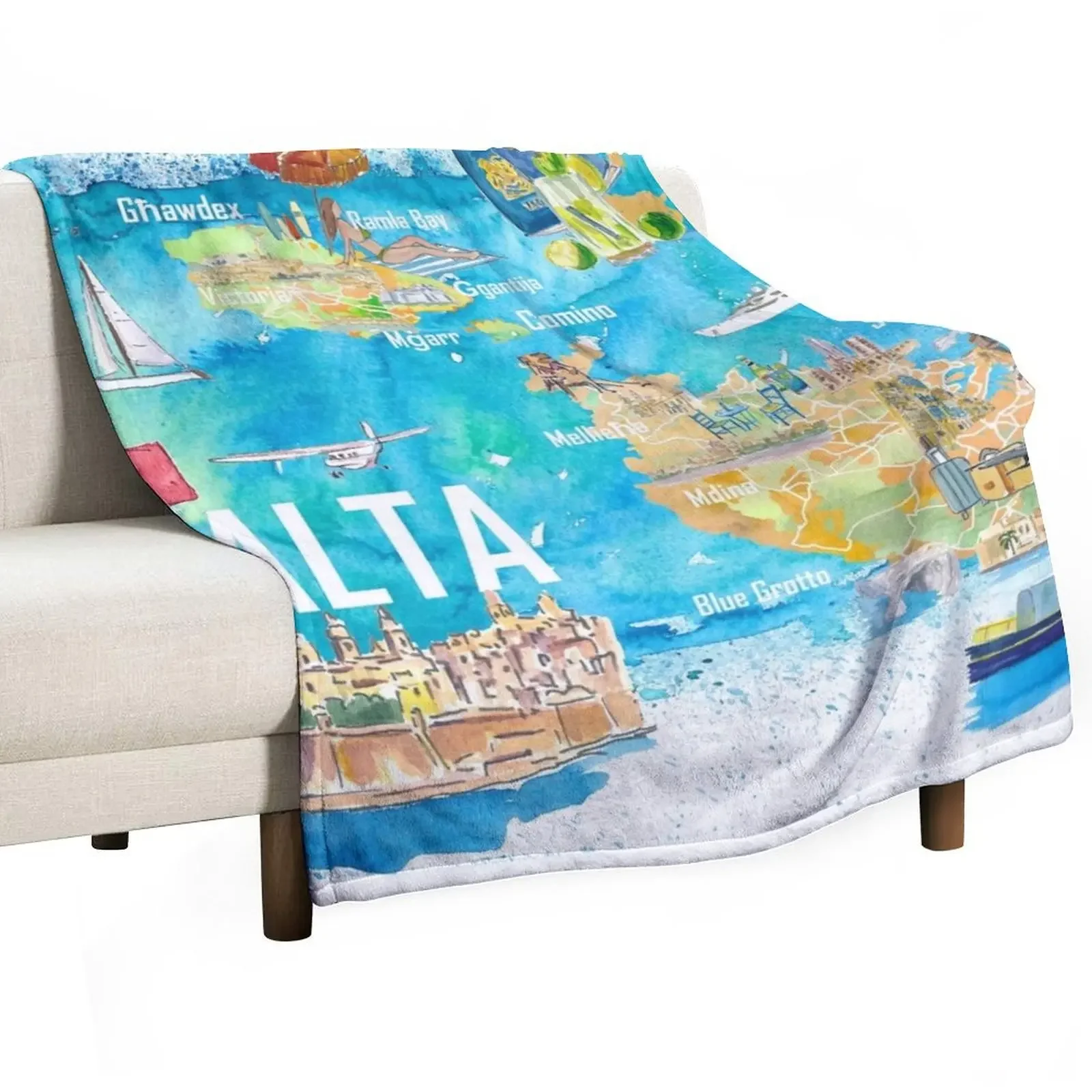 Malta Illustrated Island Travel Map with Roads and Highlights Throw Blanket Polar Soft Big Large Hairy decorative Blankets