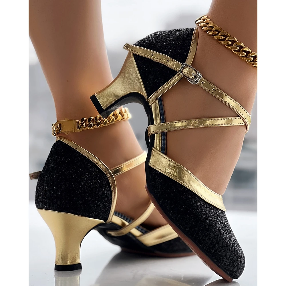 Women Glitter Cross Strap Buckled Latin Dance Pumps Party Low Heel Shoes 2024 Korean Style Spring Autumn