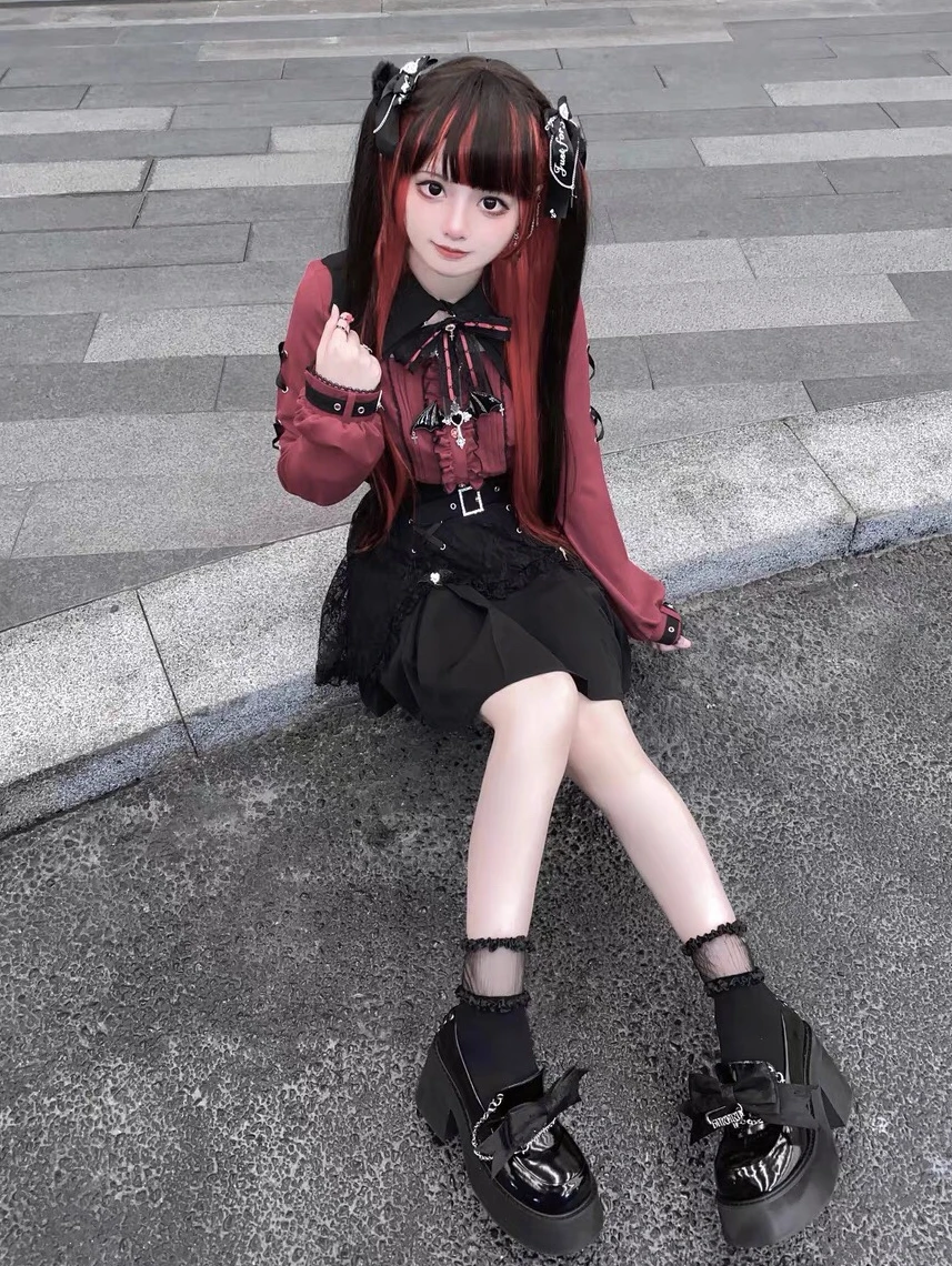다크 할로윈 스윗 쿨 배트 레이스 칼라 레드 블랙 반팔 셔츠 탑 여성 패션 로리타 스타일 슬림핏 버블 소매