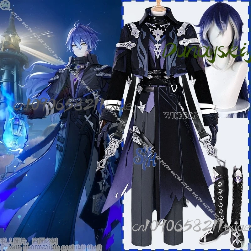 

Anime Game Genshin Impact Cosplay Kyryll Chudomirovich Flins Costume High Quality Goth Dark Purple Blue Uniform Wigs Halloween