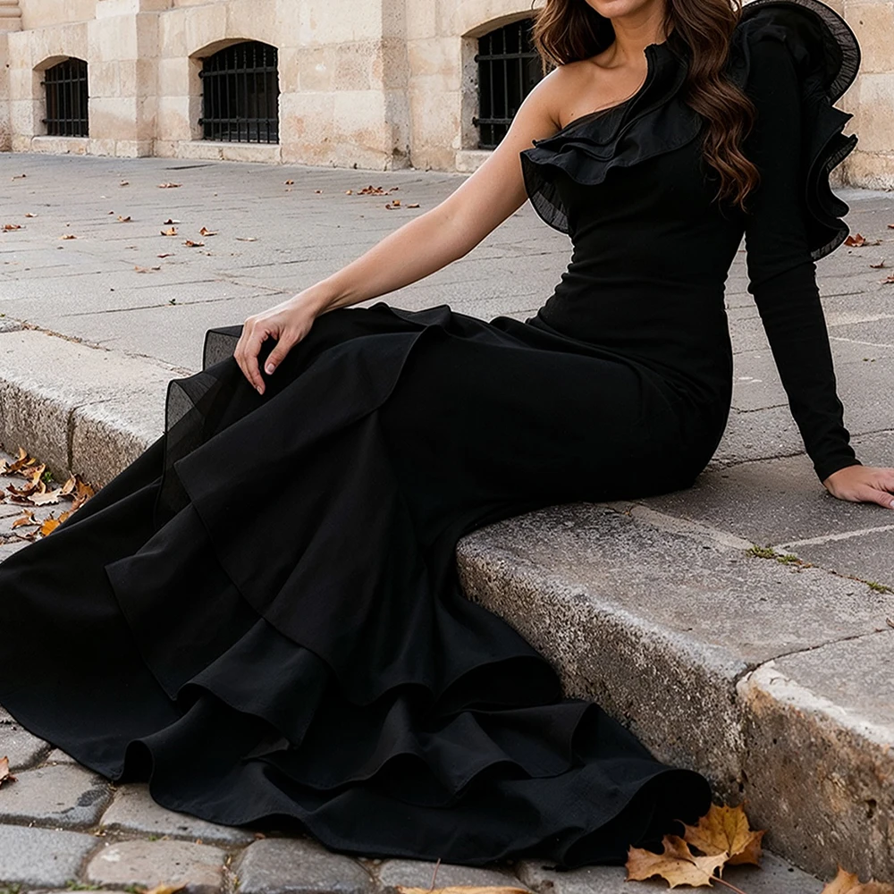 Suknie wieczorowe syreny szyte na miarę, do ziemi, z jednym ramieniem, z długim rękawem, suknie balowe, proste, modne, z rozcięciem z boku, drapowane suknie na przyjęcie.