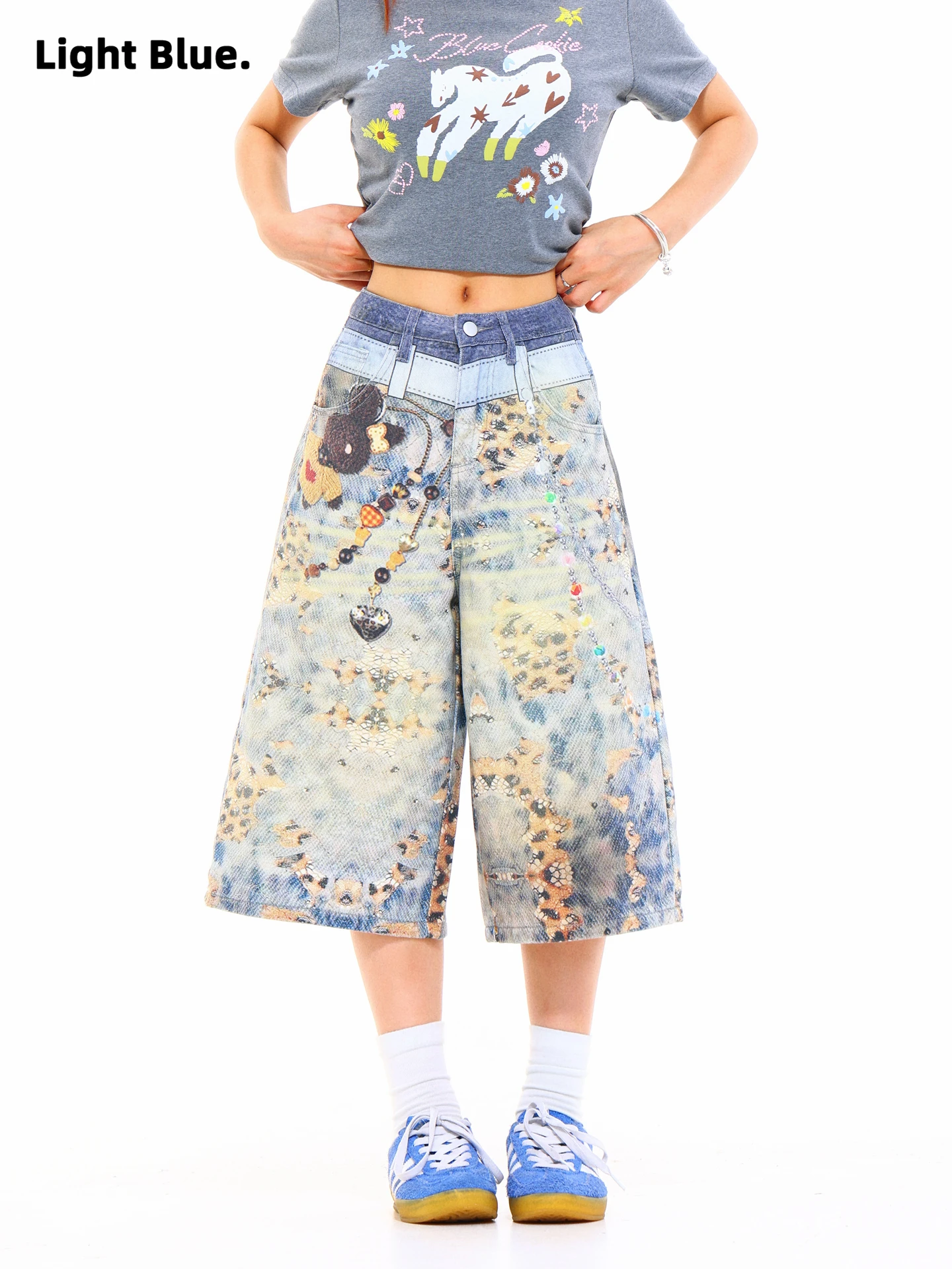 

Light Blue American Style Graffiti Color Block Wide Leg Jeans Women's 7/8 Length Distressed Denim Loose Fit Casual Trousers