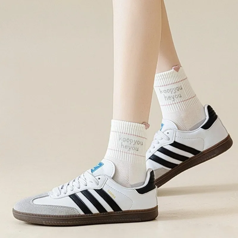 5 Pairs Women's Spring Autumn Cotton Mid-Calf Socks Thin Mesh Breathable Student White Socks Set Casual Ankle Sheer Socks Woman