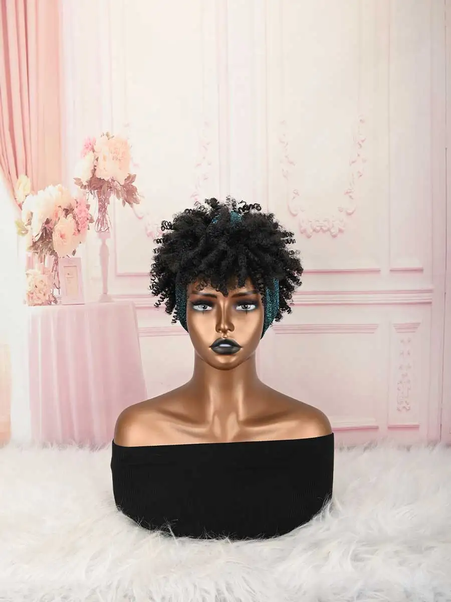 Headband Wig Curly Headband Wig With Bangs For Women Synthetic Afro Curly Hair Wig With Headband Attached Wigs
