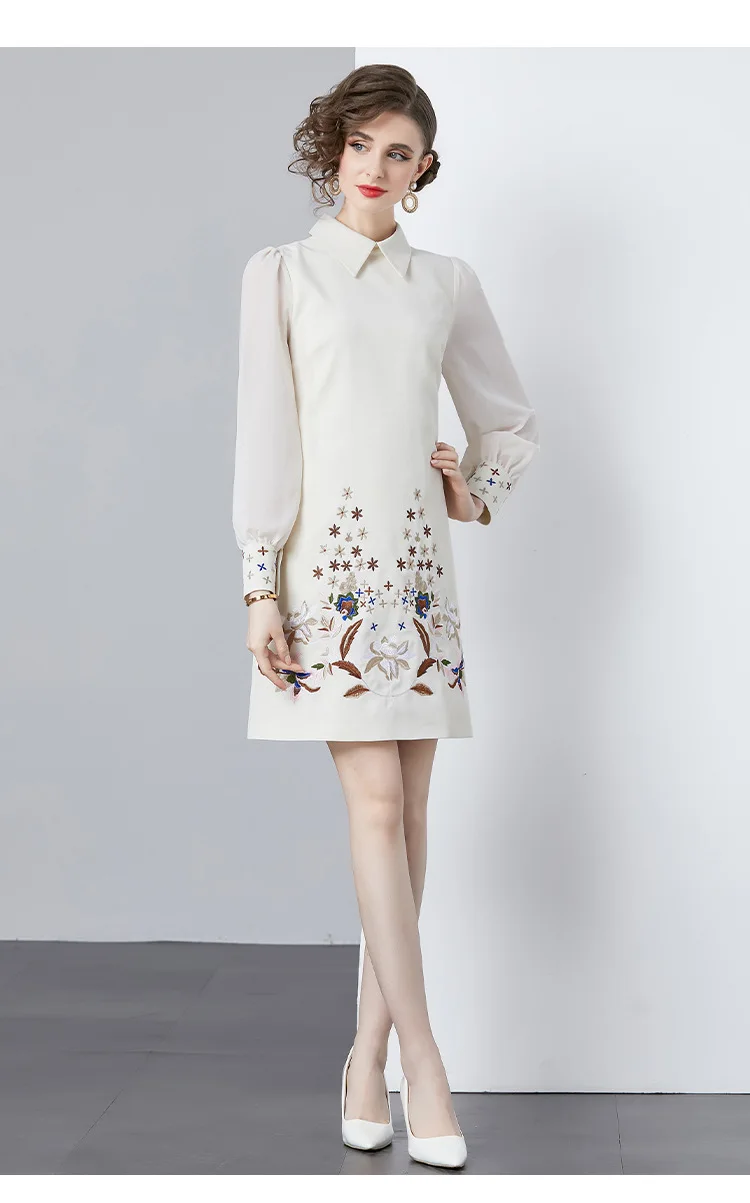 ใหม่แฟชั่นผู้หญิงฤดูใบไม้ผลิฤดูร้อนเย็บปักถักร้อยดอกไม้แขนยาวชุด Office Lady Elegant Turndown COLLAR Dresses