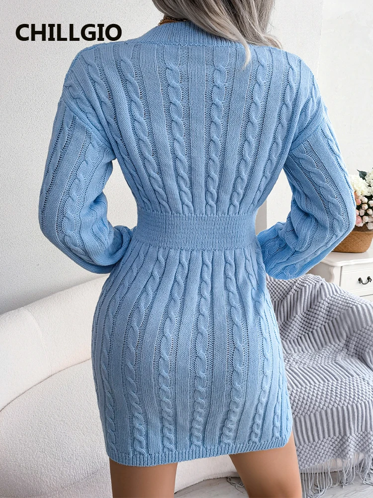 CHILLGIO jesień kobiety dzianiny sukienka V Neck Casual Fashion długie rękawy wysokiej talii sweter Vestidos jednokolorowy ciepły dzianinowe sukienki