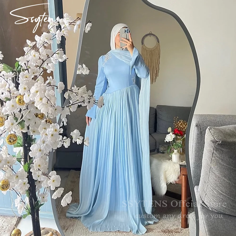 SSYTENS Modesto Musulmano A Line Abiti da cerimonia Piega Abito da sera per donna Appliques Fiori Abito da festa Robe De Bal Personalizzato