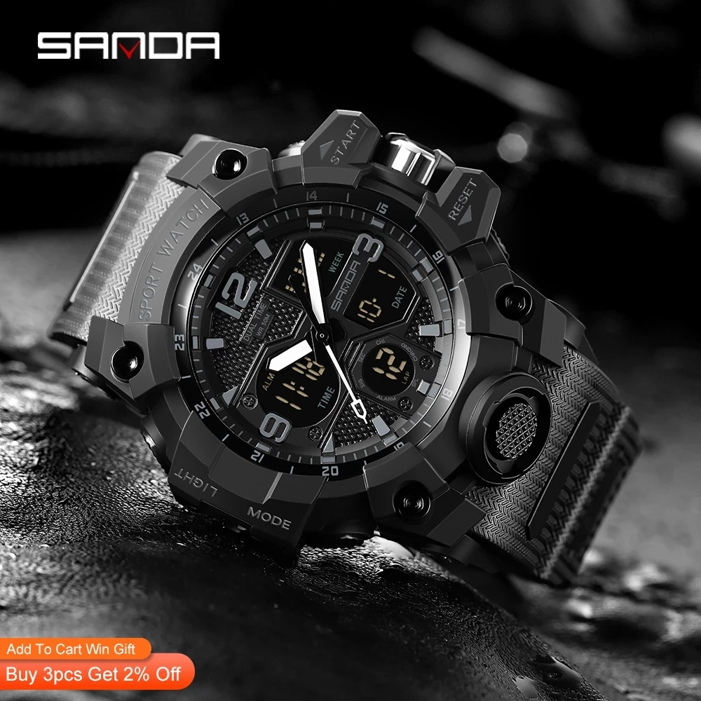 SANDA 6030 Men's Elactronic Watch Sport Military Watches Waterproof Date Silicone Strap Digit Pointer Wristwatch Male Clock Gift