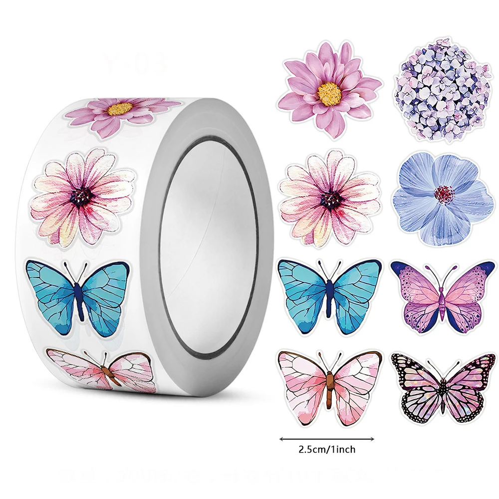 

500pcs/roll Cartoon Butterfly Stickers Cute Animal Sticker Waterproof Self-Adhesive Paper Rewards Sealing Label Decal Stationery