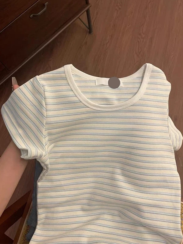 

Retro Korean Striped Short Sleeve T-Shirt Women's Summer Slim Fit round Neck Top Trendy Short Length Versatile Body Shaping