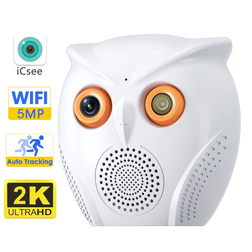 Kamera WiFi ICSEE Owl Design 2K 5MP z detekcją ruchu, kolorowym trybem nocnym, alarmem bezpieczeństwa domowego IP i dwukierunkowym audio