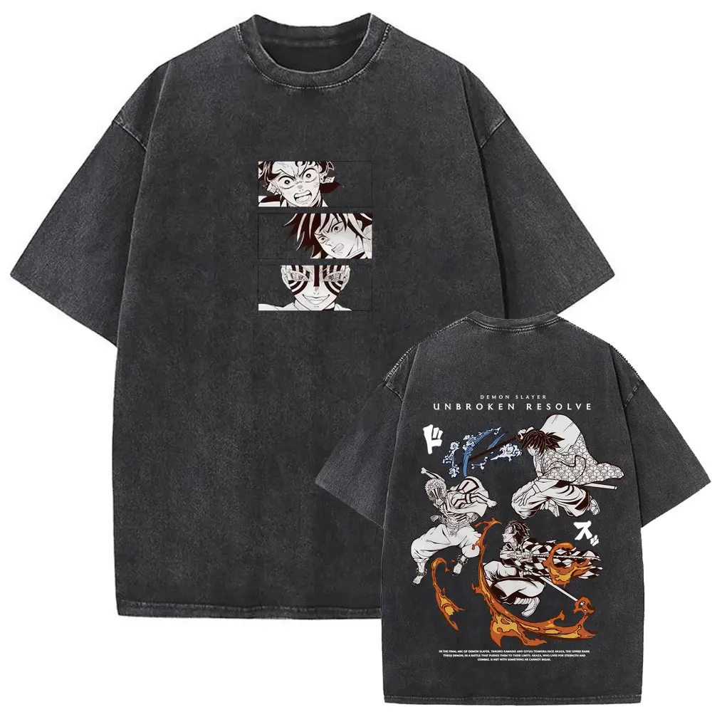 

Washed Vintage Anime Demon Slayer Kamado Tanjirou Tomioka Giyuu Akaza Graphic T-shirt Men Women Fashion Cartoon Crewneck T Shirt