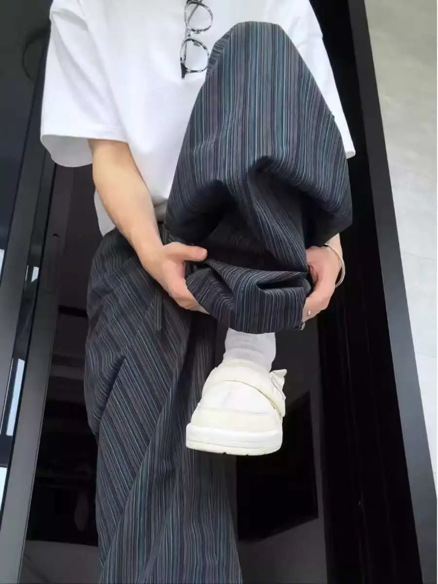 Man Women Striped Design Wide Leg Pants Floor Length Pants High Street Couple's Loose High Waist Casual Pants