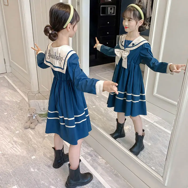 2024 autumn spring New retro Girls long Dress Cotton Sailor Collar Teens striped pleated JK Dresses Baby Clothes Toddler 12 year